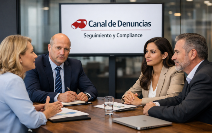 Reunión de profesionales analizando el seguimiento del canal de denuncias dentro de un sistema de compliance corporativo.