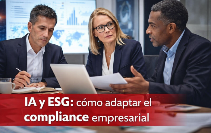 Reunión de directivos analizando riesgos de inteligencia artificial y criterios ESG en el compliance empresarial.