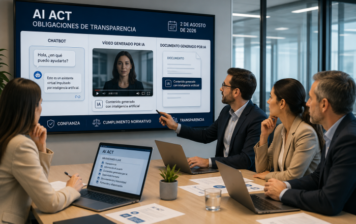 Equipo directivo revisando las obligaciones de transparencia del Reglamento Europeo de Inteligencia Artificial aplicables desde el 2 de agosto de 2026, incluyendo el uso de chatbots, vídeos y documentos generados mediante IA.