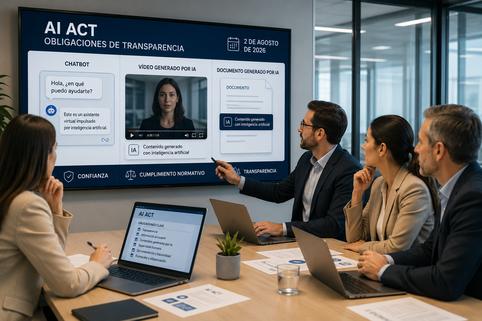 Equipo directivo revisando las obligaciones de transparencia del Reglamento Europeo de Inteligencia Artificial aplicables desde el 2 de agosto de 2026, incluyendo el uso de chatbots, vídeos y documentos generados mediante IA.
